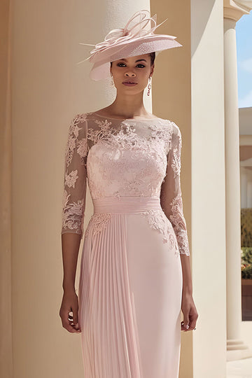 Fard à joues rose mousseline de soie illusion col bateau plissé midi mère de la mariée robe avec dentelle